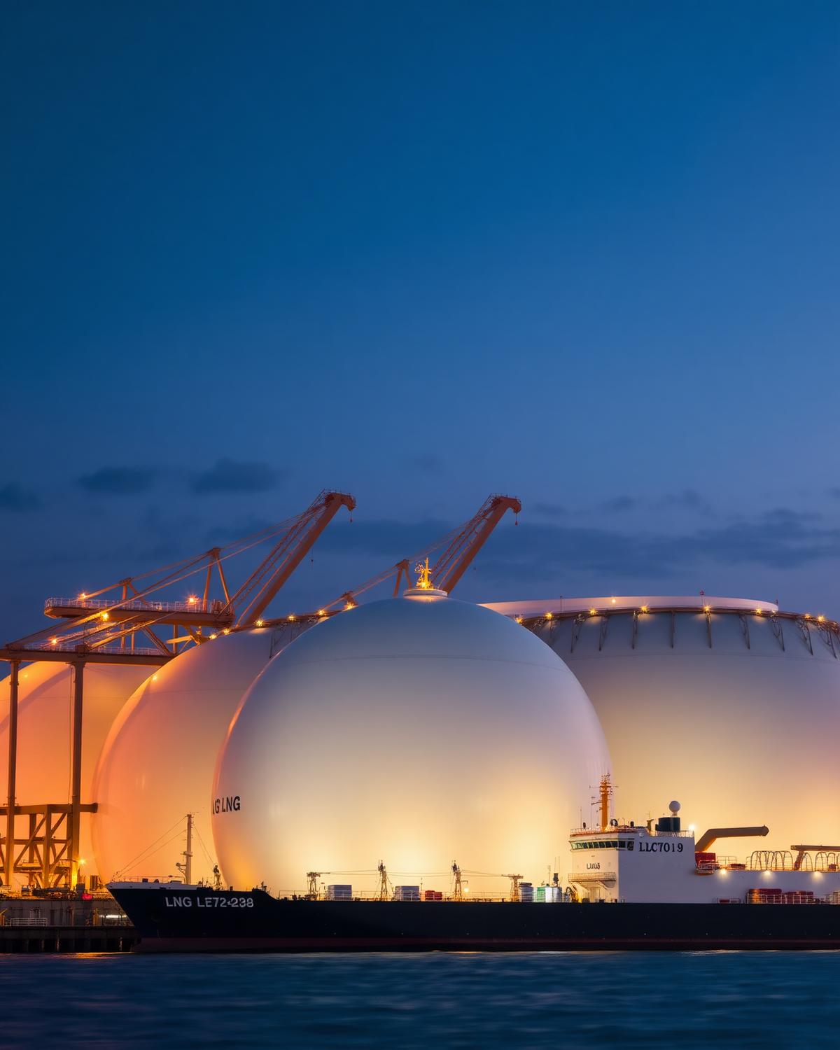 LNG terminal with storage tanks at dusk