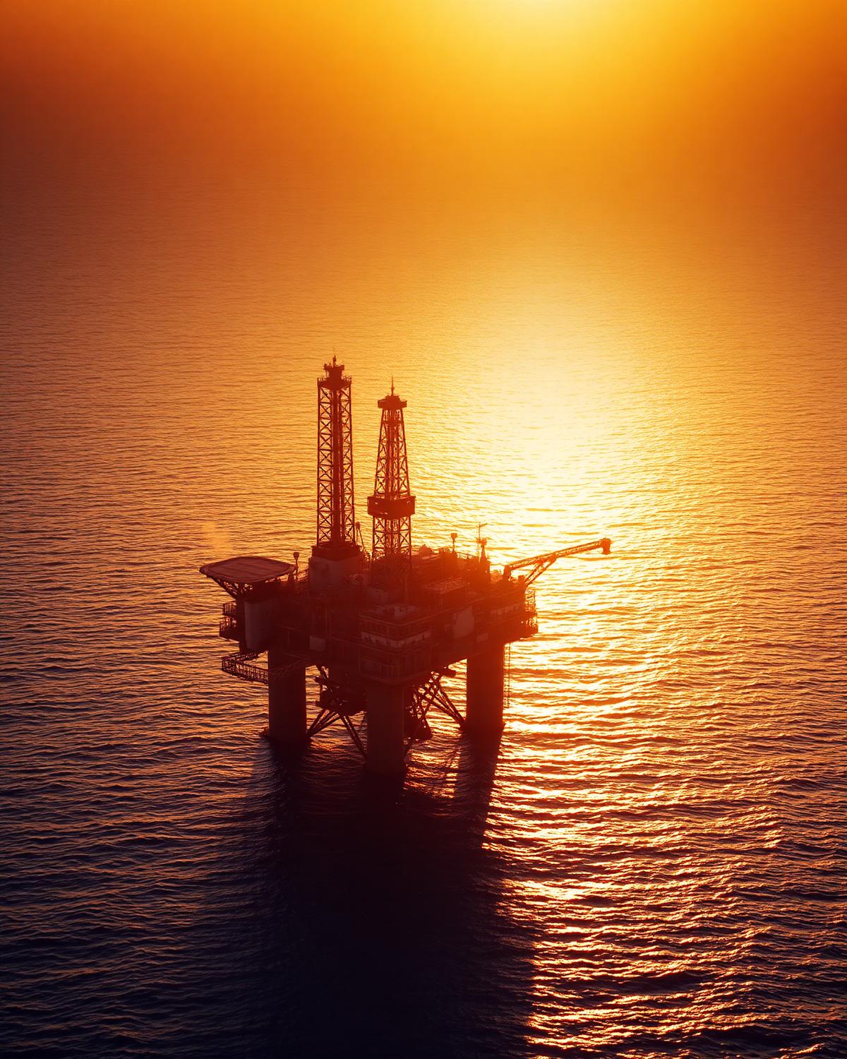 Offshore oil and gas platform at golden hour