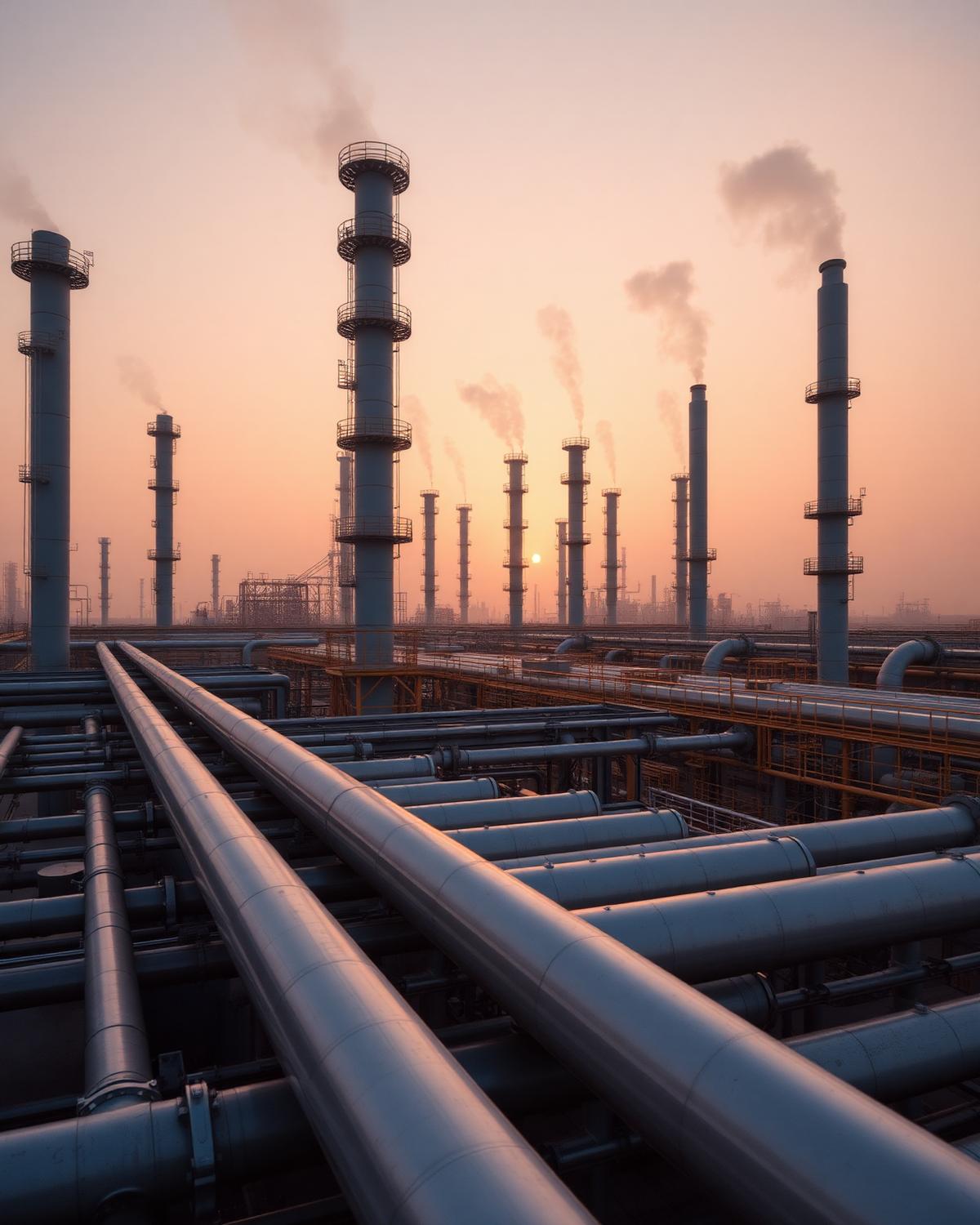 Petrochemical plant pipe racks at dawn