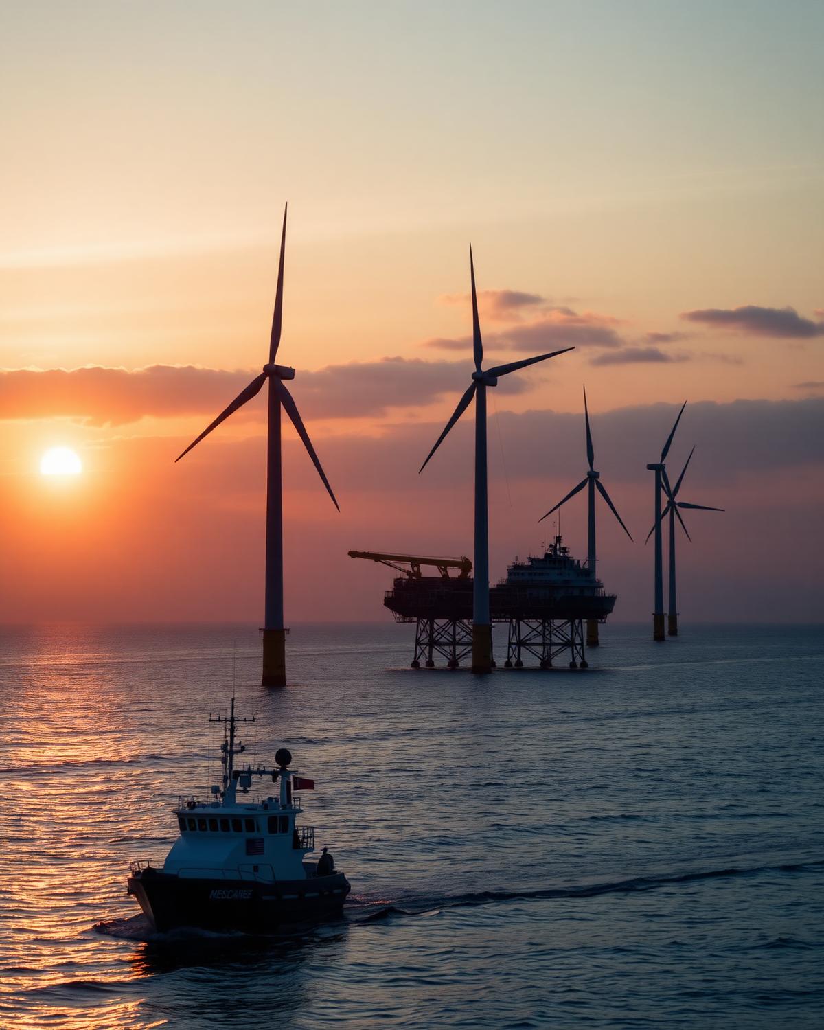 Offshore wind turbines at sunrise